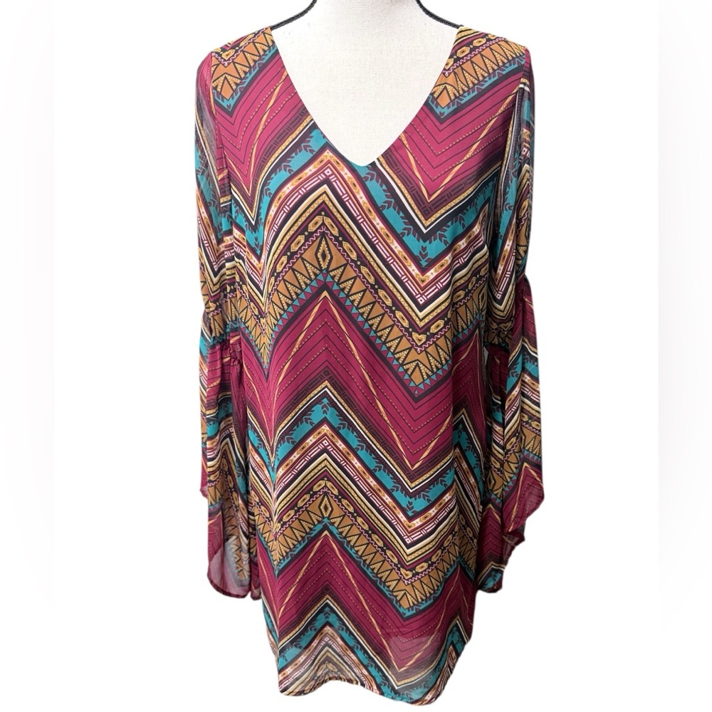 Yahada Western Aztec Tribal Above Knee Bell Sleeve Dress Size Large